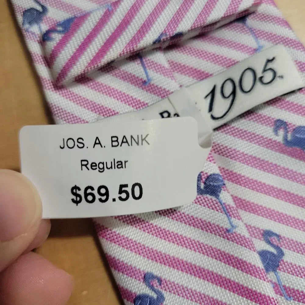 NWT Jos. A. Bank 1905 Silk Neck Tie Pink Striped Blue Flamingo Birds